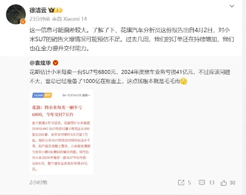 估计小米每卖一台su7亏6800元，2024年度整车业务亏损41亿元。对此，小米