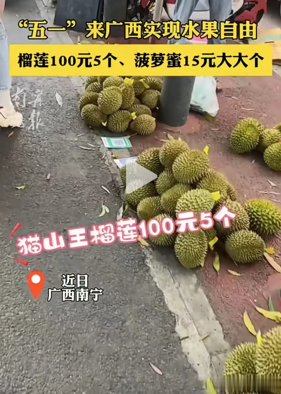 话说榴莲价格暴跌一半，国产榴莲实现自由，泰国、越南愁销量。广西，100块钱5个榴