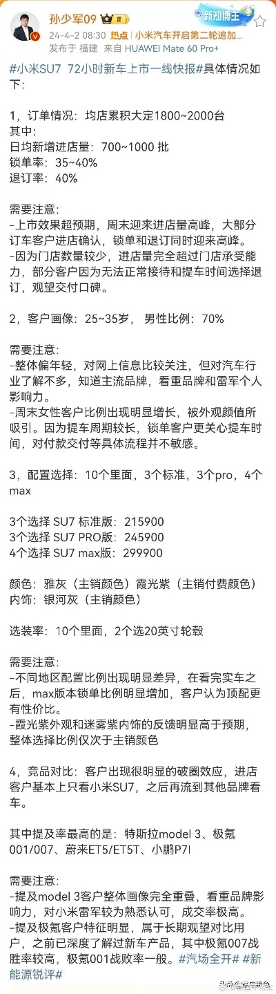 小米su7销量24小时10w台！大定锁单超4.5万，锁单40%，退订40%，观望