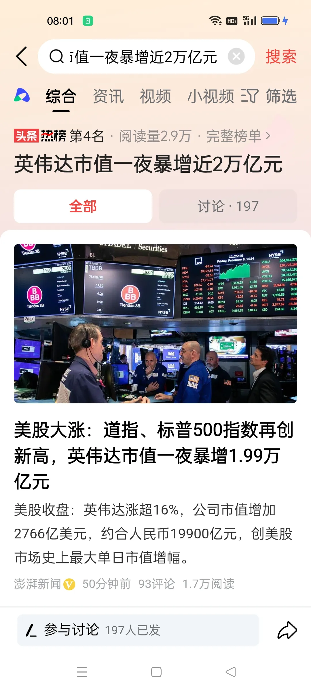 美股大涨，道指、标普500指数再创新高。英伟达市值增加2766亿美元，约合人民币
