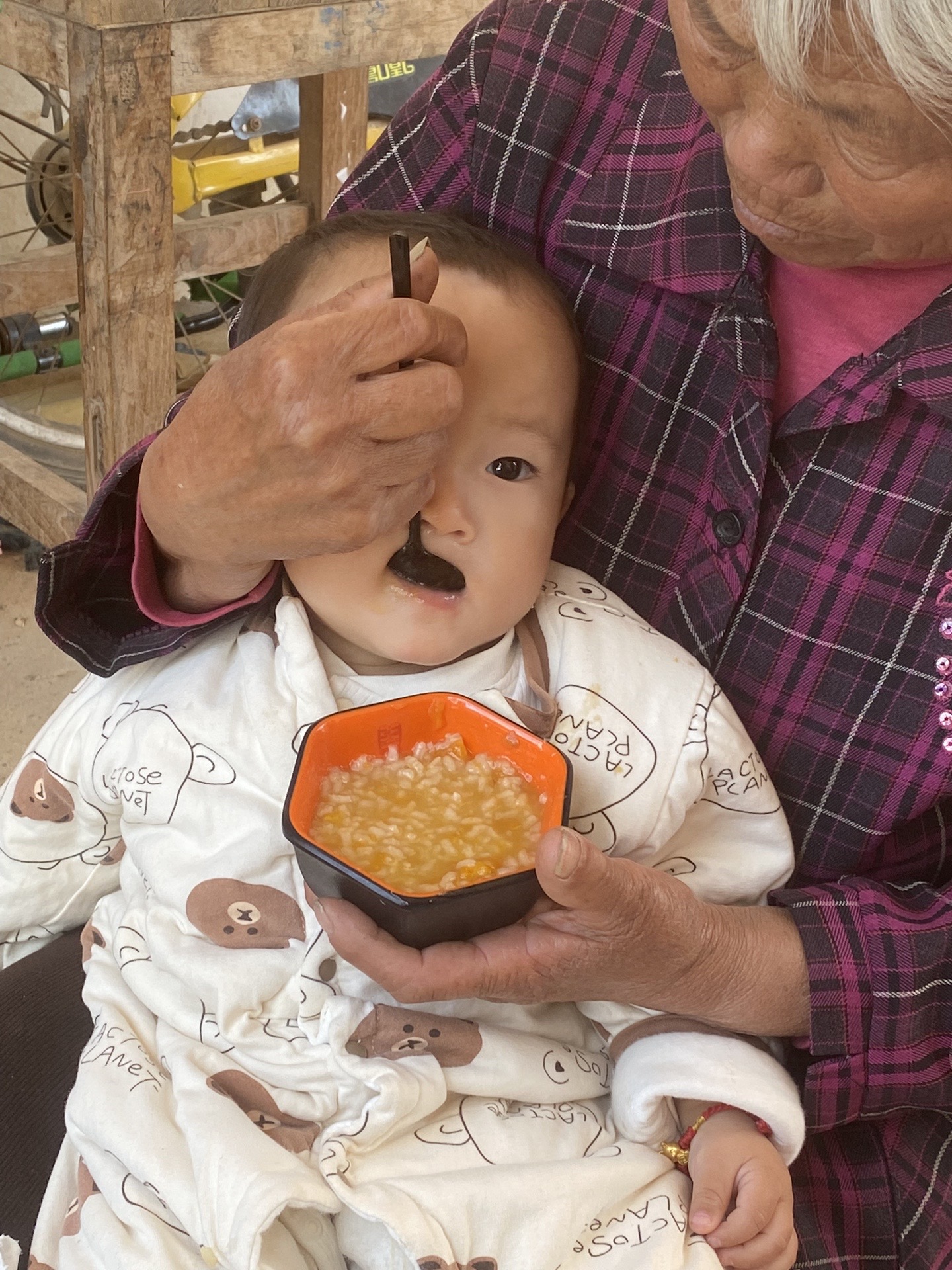 今天小宝吃了不少，很乖。摘了很多韭菜 
