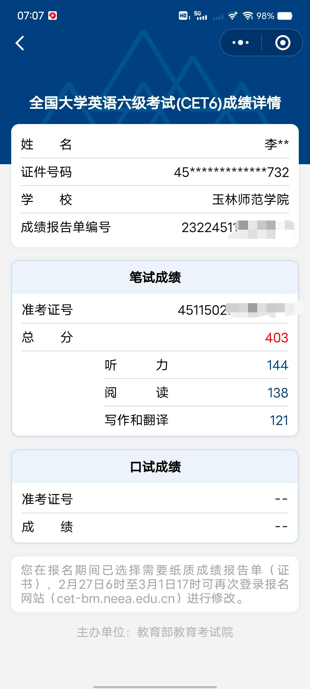 早知道裸考有400分就好好考六级了#四六级查分#裸考