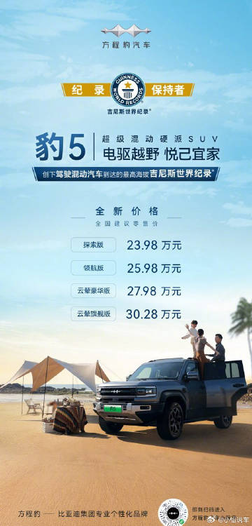 #比亚迪方程豹发布全新价格#方程豹豹5发布全新价格，23.98到30.28，官降