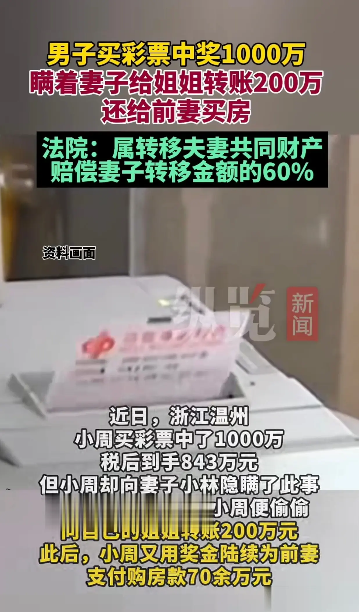 #男子中奖1000万瞒着妻子给前妻买房#我觉得这个男子挺好的，是个有情有义的人。
