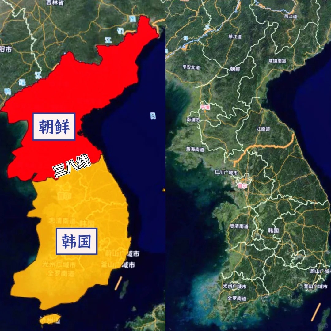 朝鲜与韩国虽然同处朝鲜半岛，但在人口、面积和GDP等方面差异巨大。朝鲜面积约12