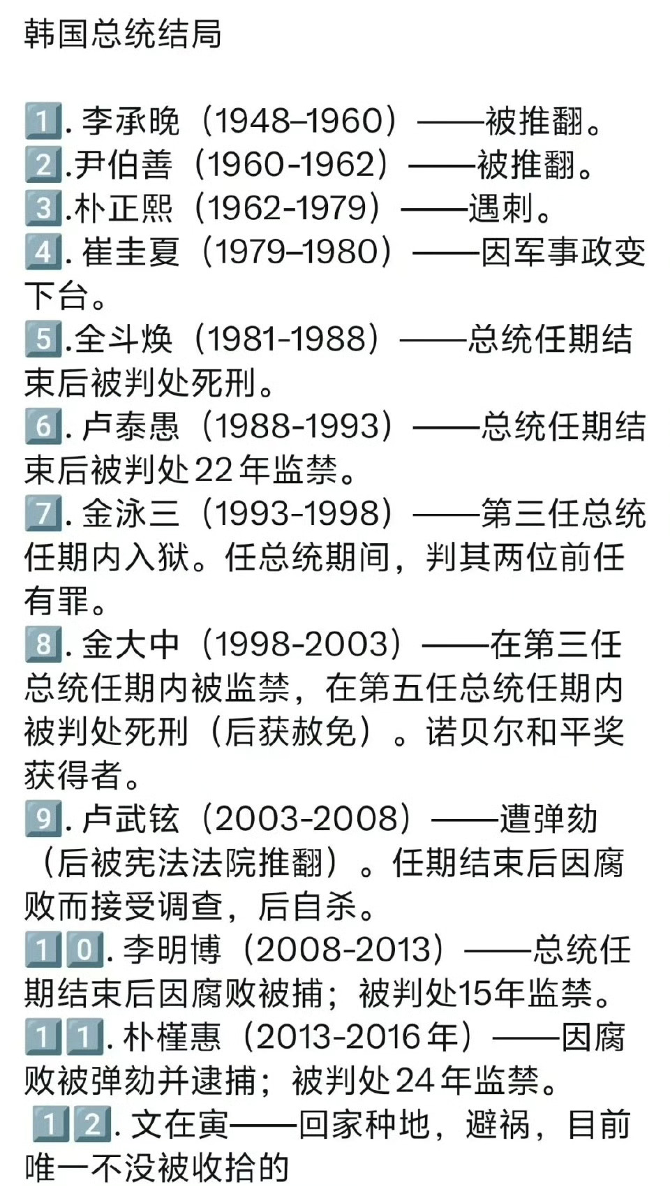 网友都说韩国总裁是个危险职业，据分析韩国的国家制度设计存在一些缺陷，主要是以下几点：
一是总统虽然是民主选举产生，但在任时权力过大，缺乏制约，韩国总统权力远超美国总统。
二是受传统影响政府对经济的管理