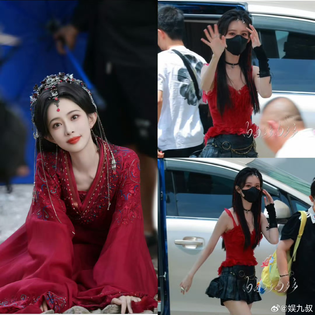 孟子义近期的红色服饰图片一组，被粉丝们美称为“行走的红玫瑰”。孟子义在2025年8月14日录制《一见你就笑》时，酒红针织吊带+黑色皮质短裙+同色长靴造型，微卷长发与红唇强化港风氛围，被赞“肤白胜雪，艳