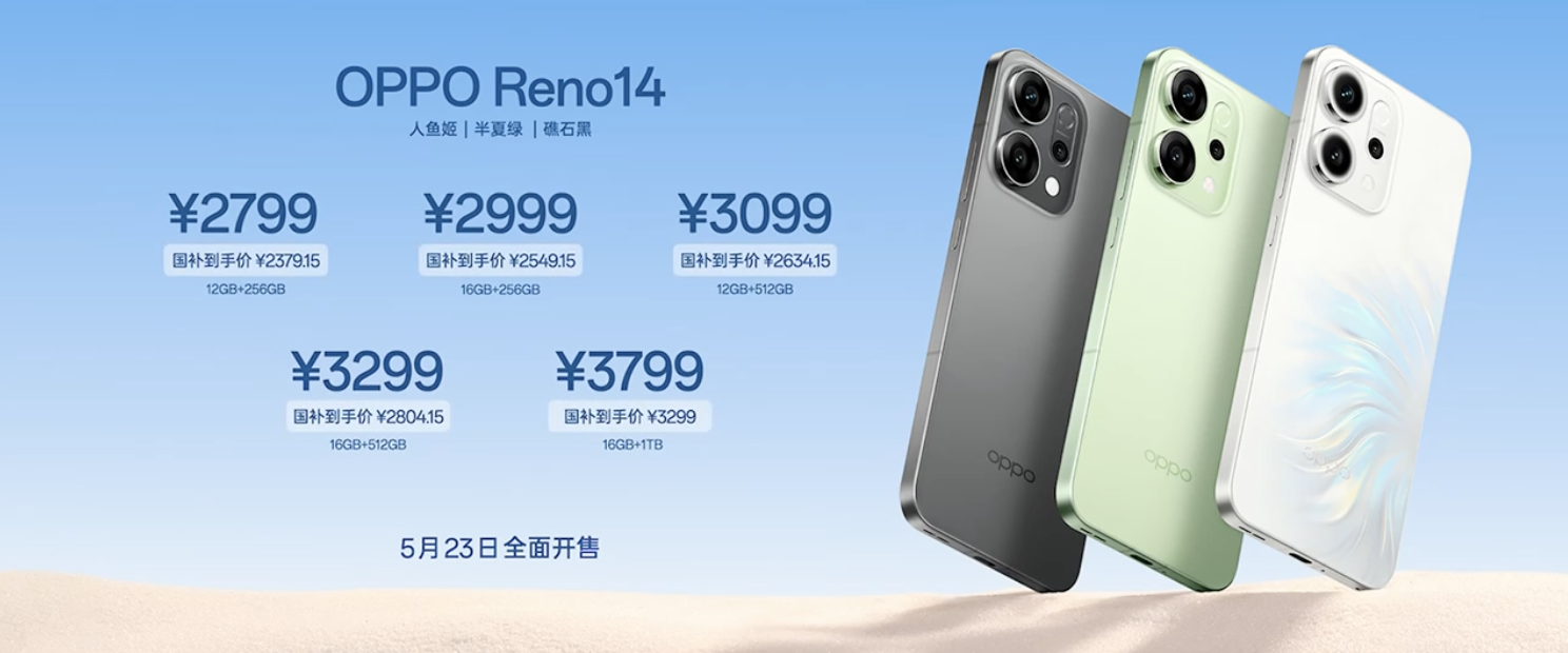 OPPO Reno14 系列价格公开！Reno 14 标准版的售价国补后是 2379.15元，Reno14 Pro 国补后的售价是 2999元起。这个价格大家觉得香不香？
这次的 Reno 14 系列