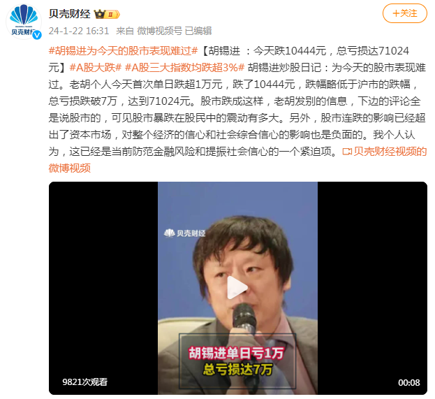 胡锡进今天亏损10444元，总亏损大7.1万，亏损比例已经到12%，他可是在3144点抄底的。胡锡进终于体会到股民的痛苦了，他也呼吁救市，认为这已经是当前防范金融风险和提振社会信心的一个紧迫项。

说