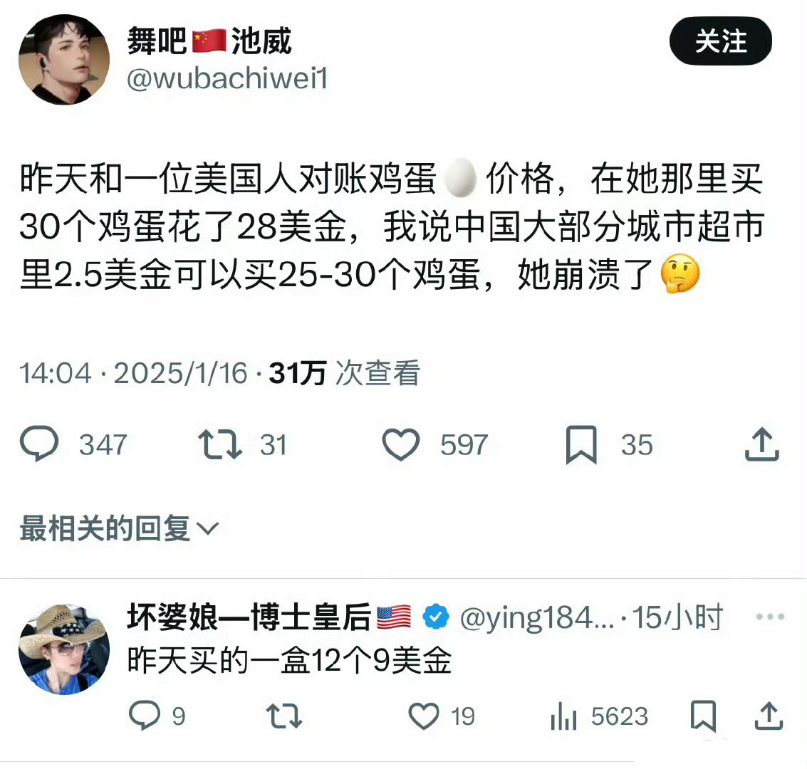 中国美国一对账，就会发现，很多生活日用品，中国完全是碾压式战胜美国，鸡蛋是最典型的，中国差不多5块钱一斤，一斤8个左右。25个鸡蛋大约三斤，大约15块钱，合到美元2块多。
