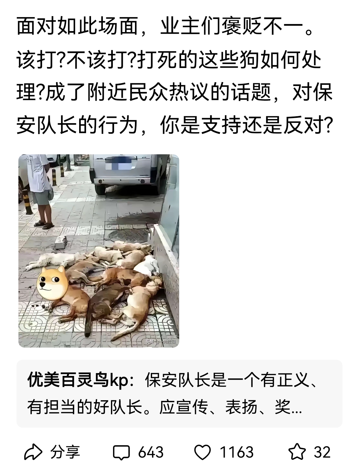 保安打死了小区里的流浪狗，没想到网络评论竟然一顺水的支持，其实，保安就是要保小区平安的，所以，人道至上，爱狗的人，怎么忍心它们流浪，应该收养才对，我也支持打死小区里的流浪狗，避免咬人尤其咬伤孩子，当然