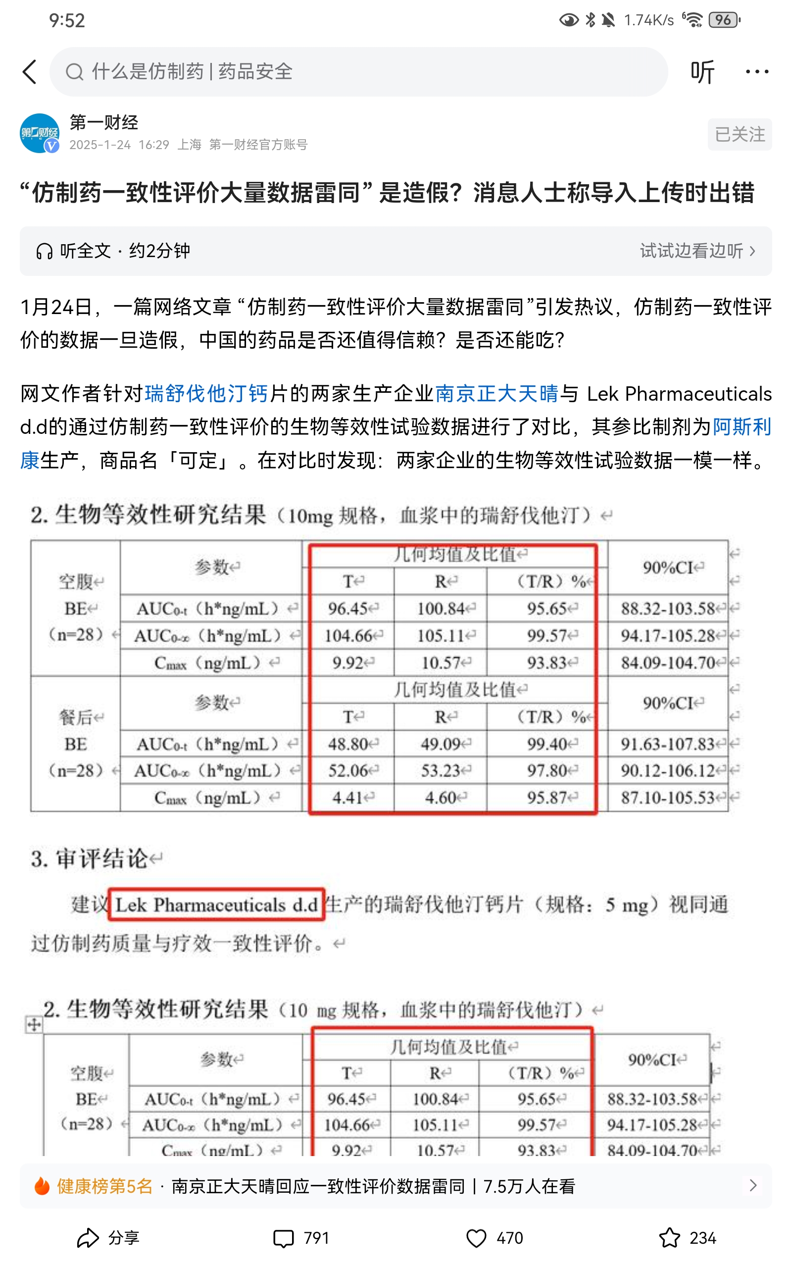 媒体报道的这个丑闻，可就丢人丢到家了，背后是医疗资本问题，这可不是轻描淡写，数据上传错了能解读的。

网文作者针对瑞舒伐他汀钙片的两家生产企业南京正大天晴与 Lek Pharmaceuticals d