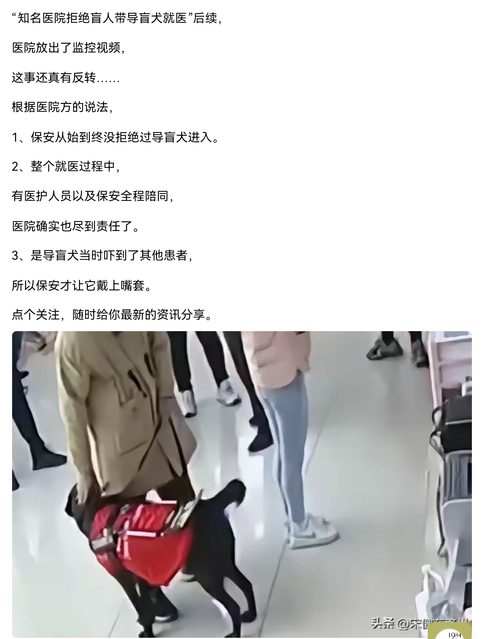 医院导盲犬事件，说白了，可能就是两个盲人带一条狗和一个摄影师到医院拍视频碰瓷，不知道他们背后是都有策划团队，值得调查。