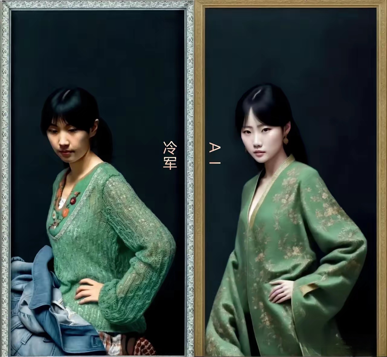 一个油画，另一个AI，一个是小姐，另一个是小姐，一个大家闺秀，另一个天上人间！