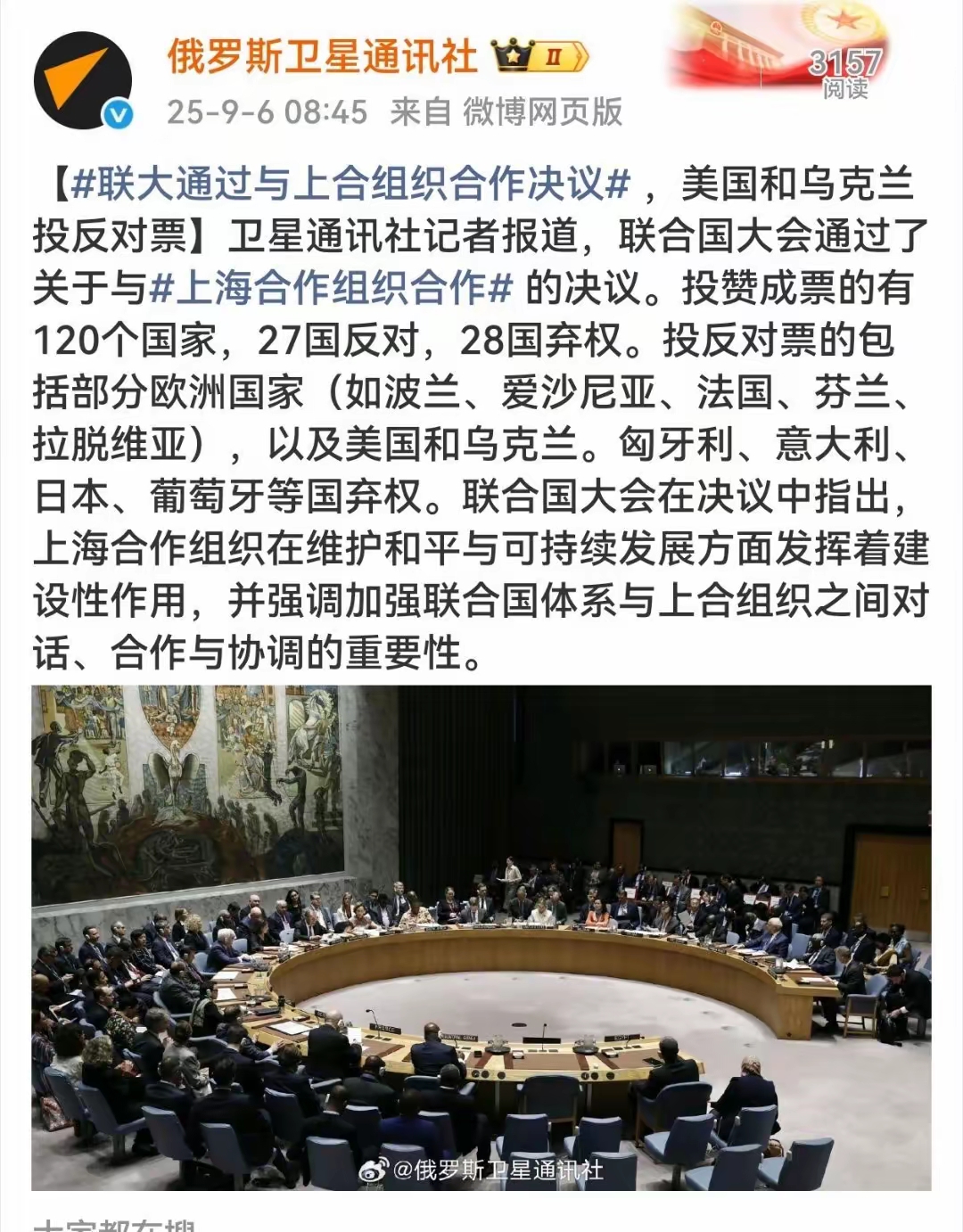 其实，只有一个反对者，那就是美国，其他都是小狗腿子。在2025年9月5日第79届联合国大会对“联合国与上合组织合作”决议进行投票中，投弃权票的28个国家包括日本、匈牙利、意大利、葡萄牙等。
