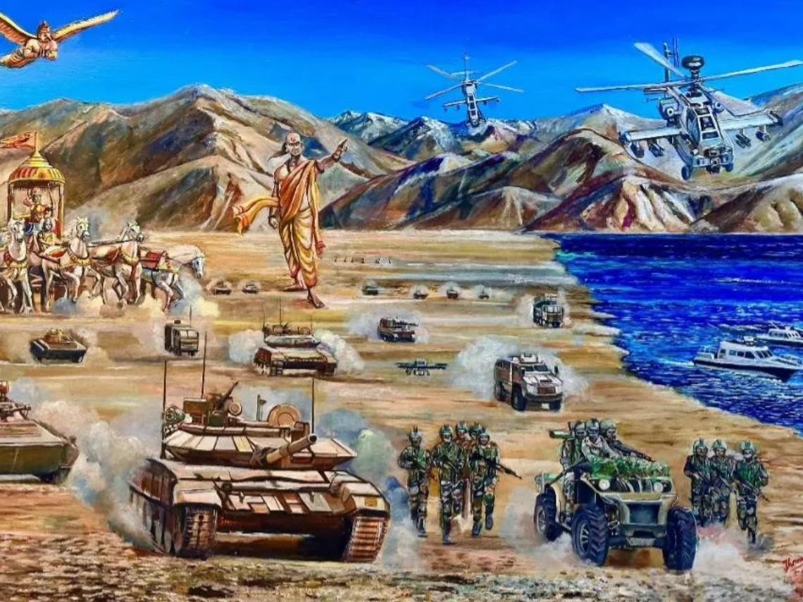 三哥的精神胜利法，从这幅油画上就可以看得出来：空中飞的阿帕奇、地上狂奔的阿琼、湖里游的无人艇，连请来的诸神也参加了战斗，唯一稍觉遗憾的是，没有展示出一辆摩托可搭载一个排兵力的摩托神旅参加哦……

据说