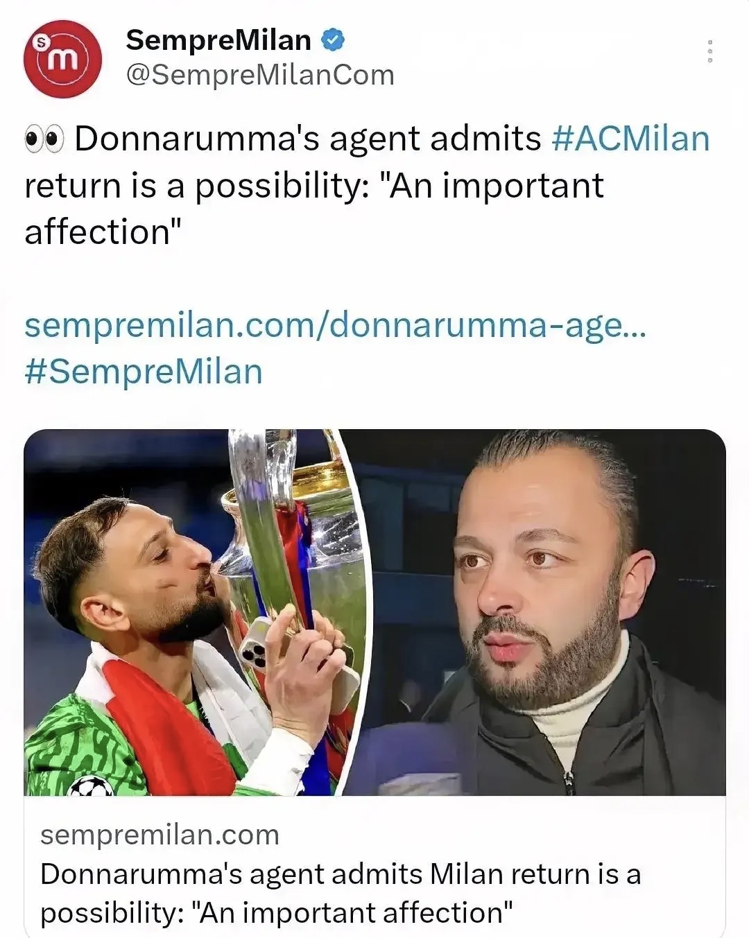 多纳鲁马回归米兰？钱多多经纪人拉伊奥拉表示米兰是多纳鲁马的选择之一。我实在不愿意翻译了，个人看到多纳鲁马就不舒服，他经纪人虽然不是拉胖子了，但是看到拉伊奥拉我也觉得恶心，这两个恶心玩意聚在一起我真的不