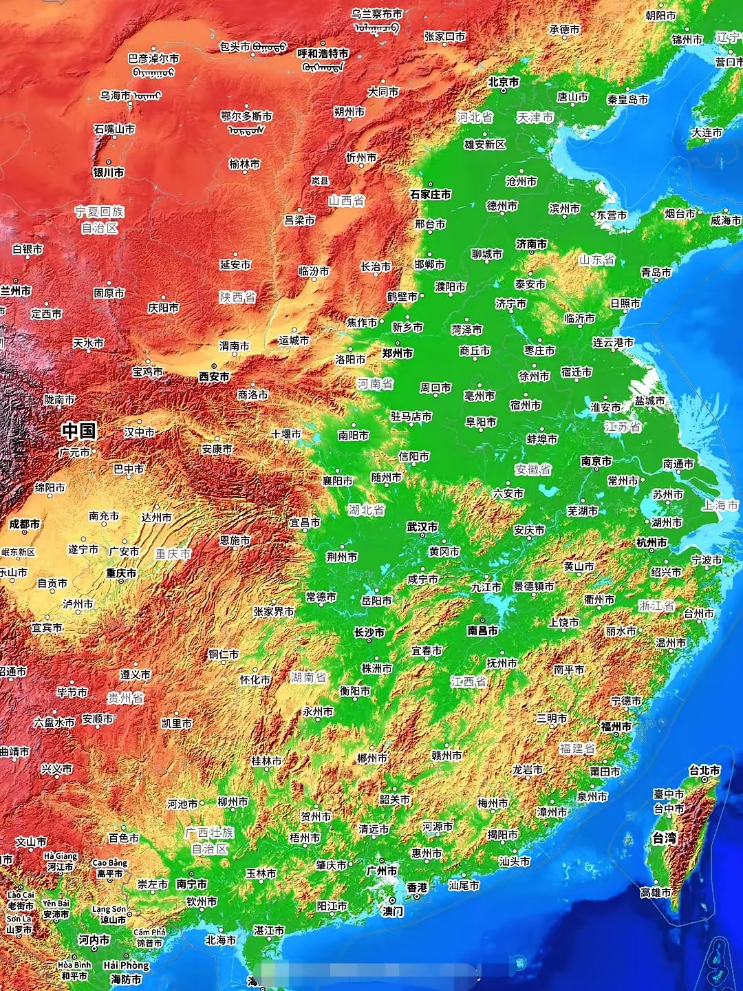 中国中东部城市分布。