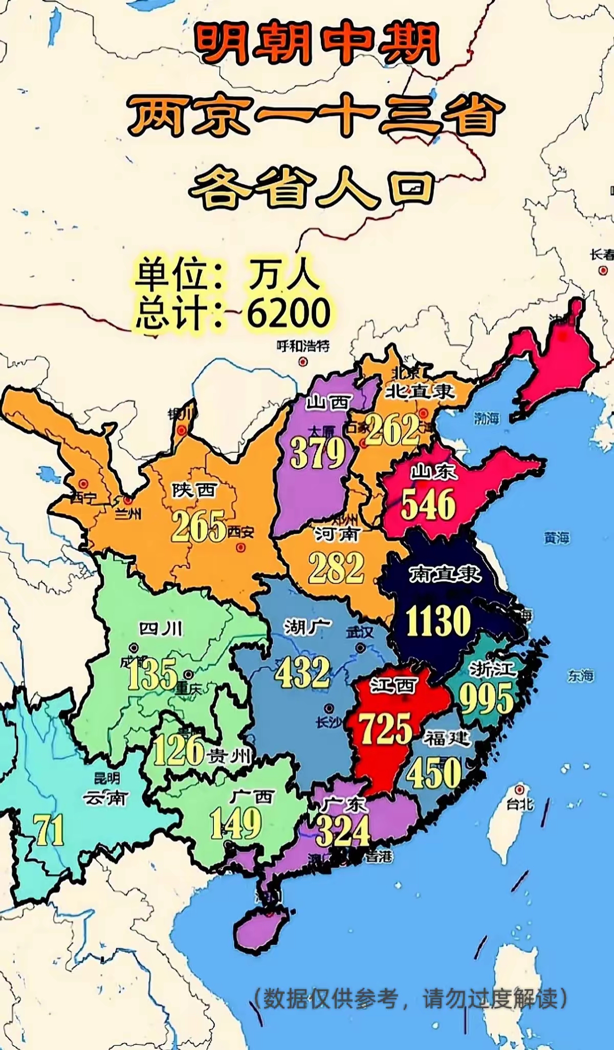 明朝中期，两京一十三省人口。
