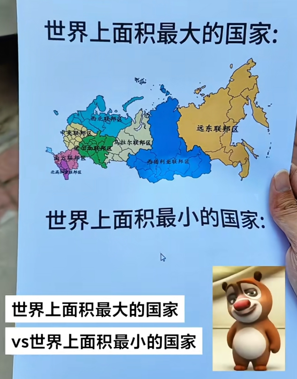 世界上面积最大的国家VS世界上面积最小的国家。