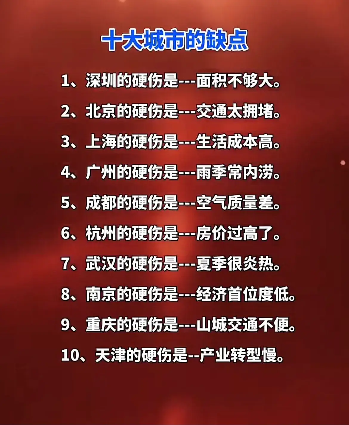 我国十大城市的缺点。