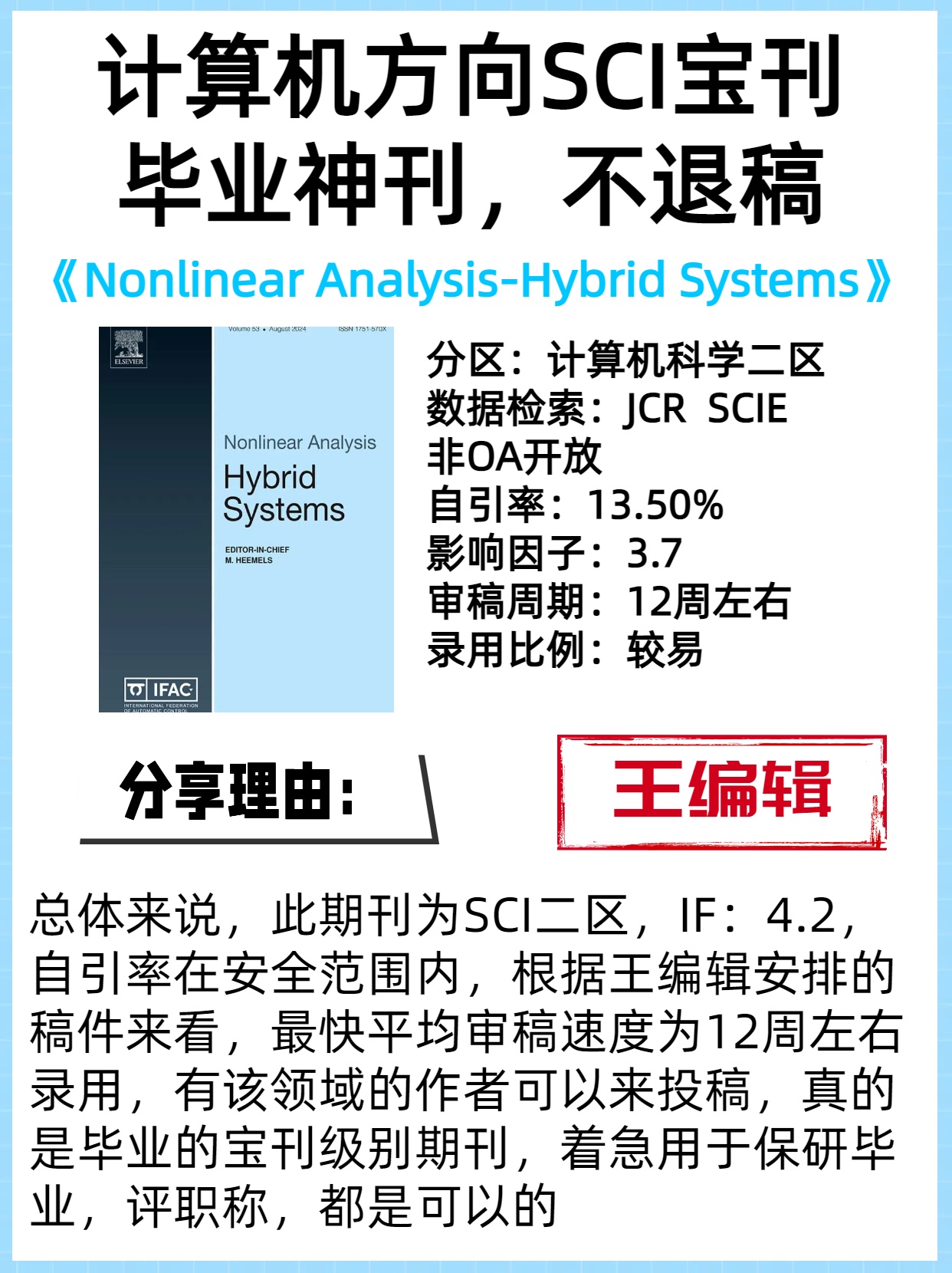 计算机方向SCI宝刊，毕业神刊，不退稿

分区：计算机科学二区
数据检索：JCR  SCIE
非OA开放
自引率：13.50%
影响因子：3.7
审稿周期：12周左右
录用比例：较易

总体来说，此期