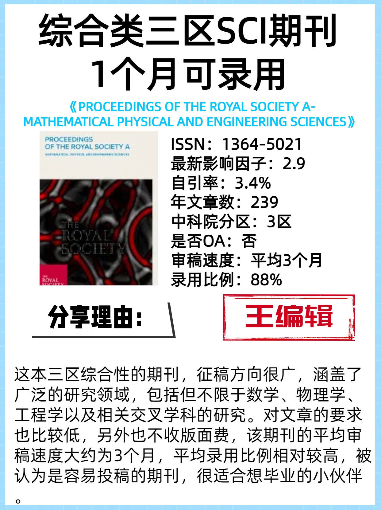 1个月可录用的综合类三区SCI期刊

刊名：《PROCEEDINGS OF THE ROYAL SOCIETY A-MATHEMATICAL PHYSICAL AND ENGINEERING SCIE