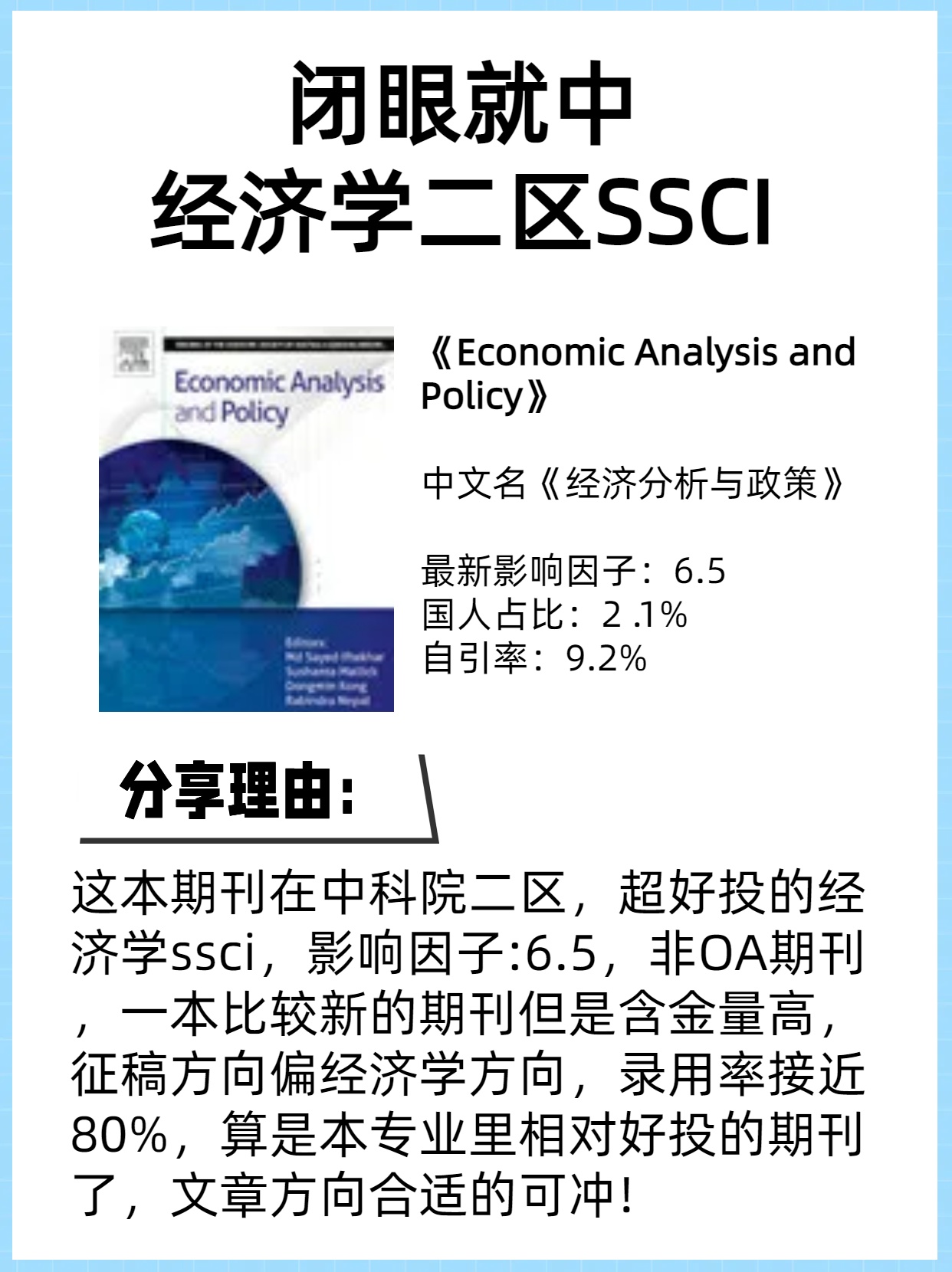 经济学闭眼就中，经济学ssci沾边就收!!

今天给大家推荐一本一投就中的经济学 SSCI

期刊名称：《Economic Analysis and Policy》
中午名《经济分析与政策》

最新影