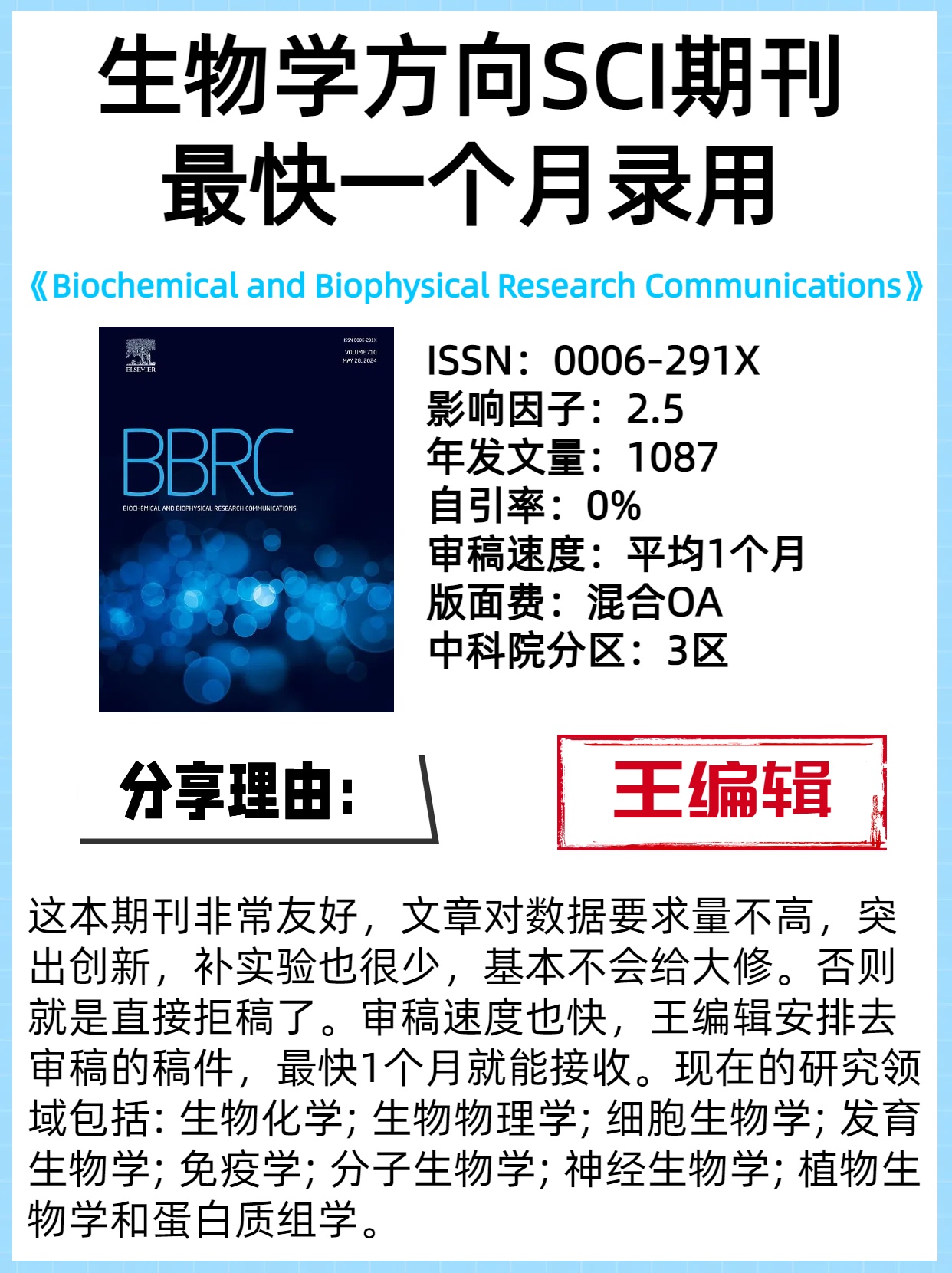 最快一个月录用的生物学方向SCI期刊

期刊：《Biochemical and Biophysical Research Communications》
ISSN：0006-291X
影响因子：2.5