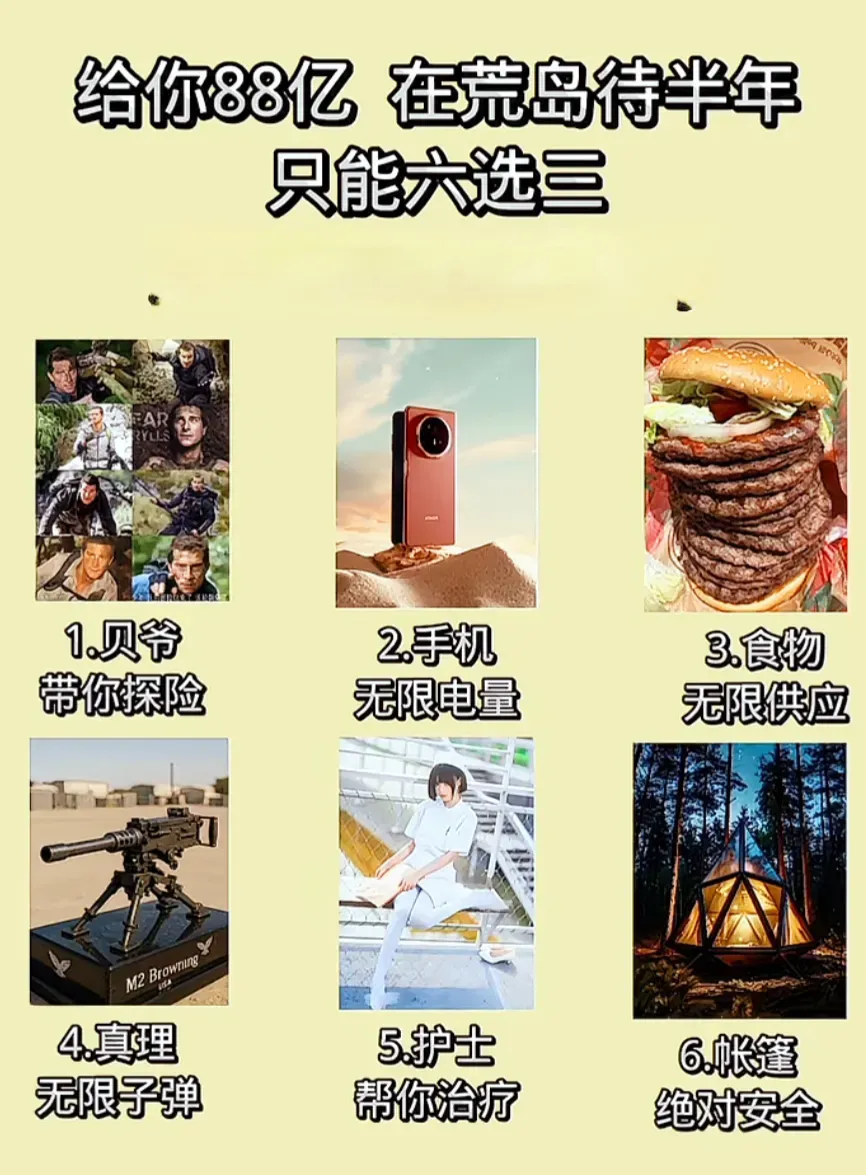 挑战88亿，在荒岛待半年
图中六项选三，
你会怎么选❓
我选1.4.6