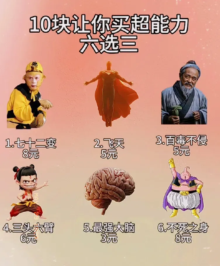 超能力大挑战！
10块买超能力，六选三，快来选❗
图中你会怎么选❓