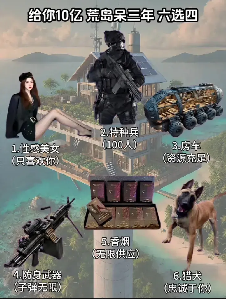 挑战10亿，
在荒岛呆三年，
图中六项选四，
你怎么选？