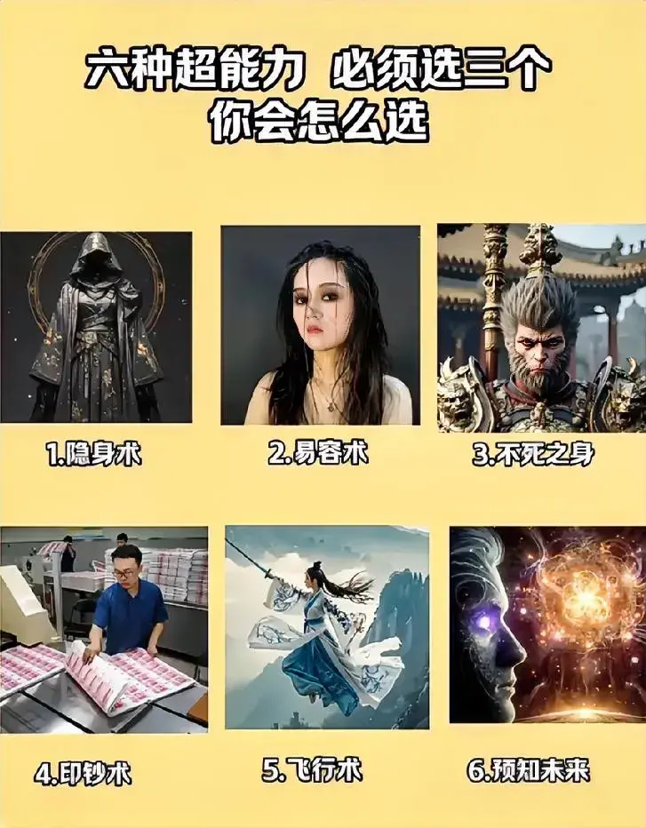 给你六项超能力，
必须选三项，
你怎么选？