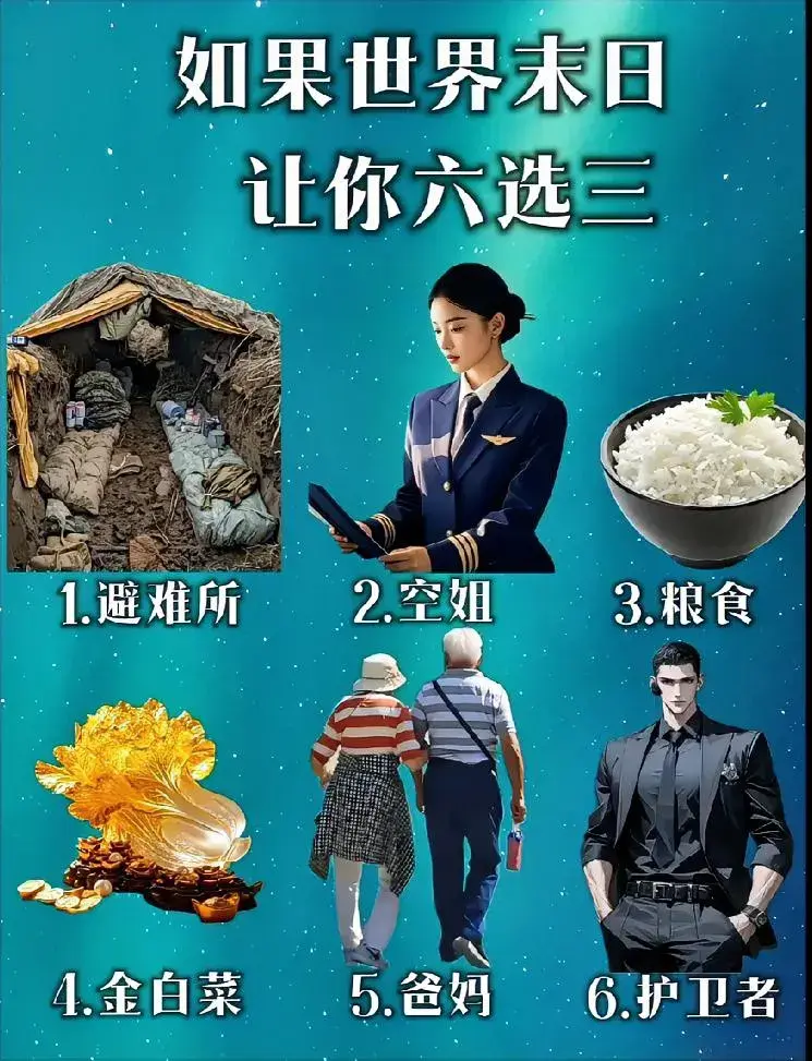 如果你遇到世界末日了，
图中六项选三，
你会怎么选？