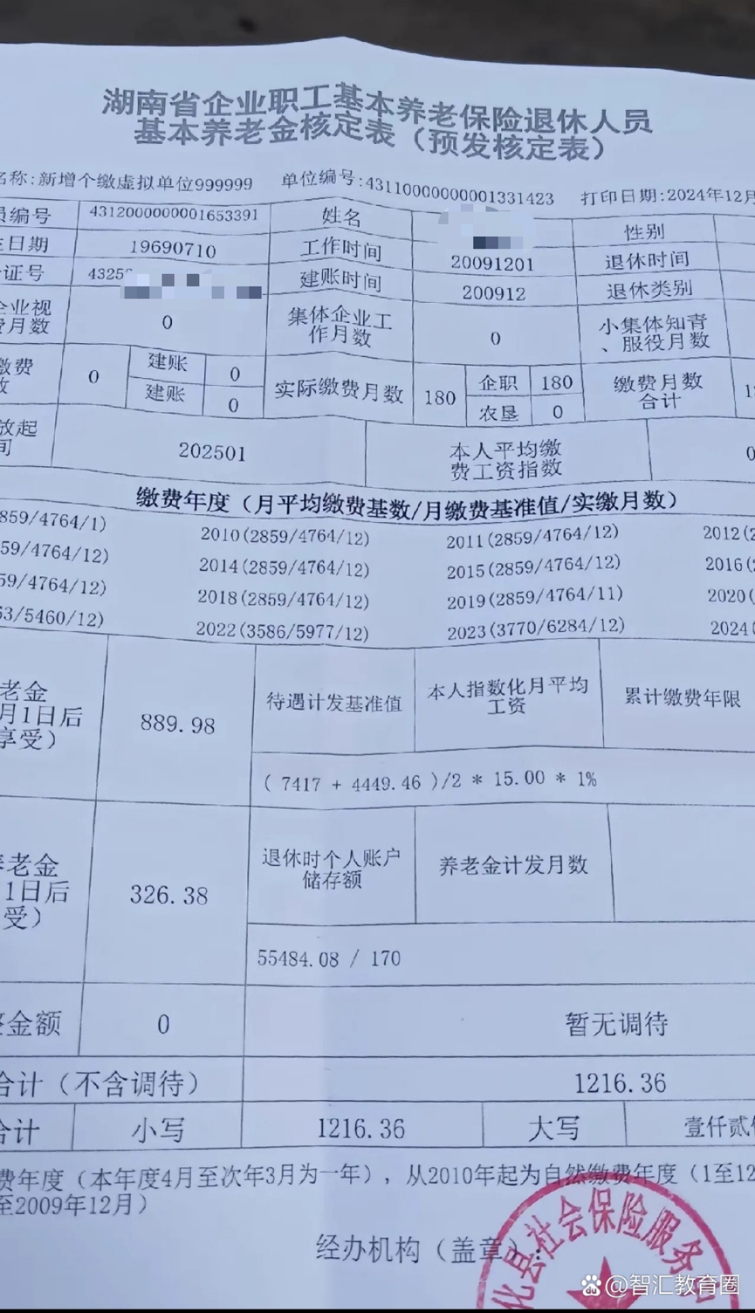 湖南养老金！
女，55岁，24年12月退休，缴费15年，个账5.55万，指数0.5999。
基础养老金889.98元
个账养老金326.38元
合计1216.36元
平均工龄单价81元/年。
缴费15