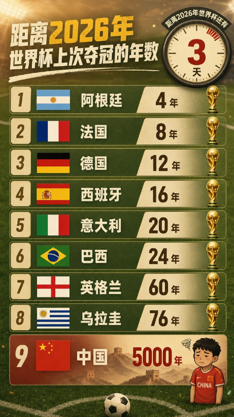 世界杯最扎心的一页
别人等夺冠，我们还在等下一次进世界杯。
	
阿根廷4年，法国8年，德国12年。
中国队上次进世界杯：2002年。
	
你觉得国足下一次进世界杯，会是哪一年？