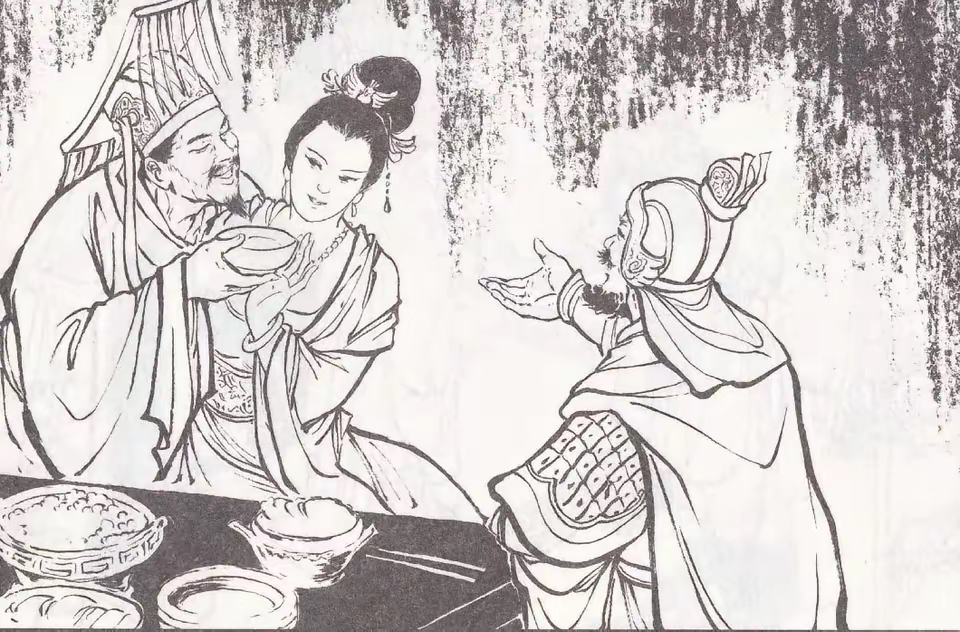 西魏王应窦建德之邀，过营饮酒，席间喝得高谈阔论、兴奋异常。窦建德唤出萧美娘，西魏王一见垂涎三尺，情不自禁魂不守舍，怀抱美人情意绵绵。

他主动提出用所得玉玺换萧美娘，窦建德大喜，各取所得，皆大欢喜。

