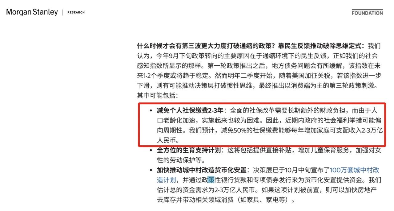 大摩预测：2025年或减免个人50%社保刺激消费
 
最近，摩根士丹利发布的2025年中国经济走势预测报告火了。大摩预测，2025年中国可能减免个人50%社保缴费，为期2 - 3年。由于2024年大摩