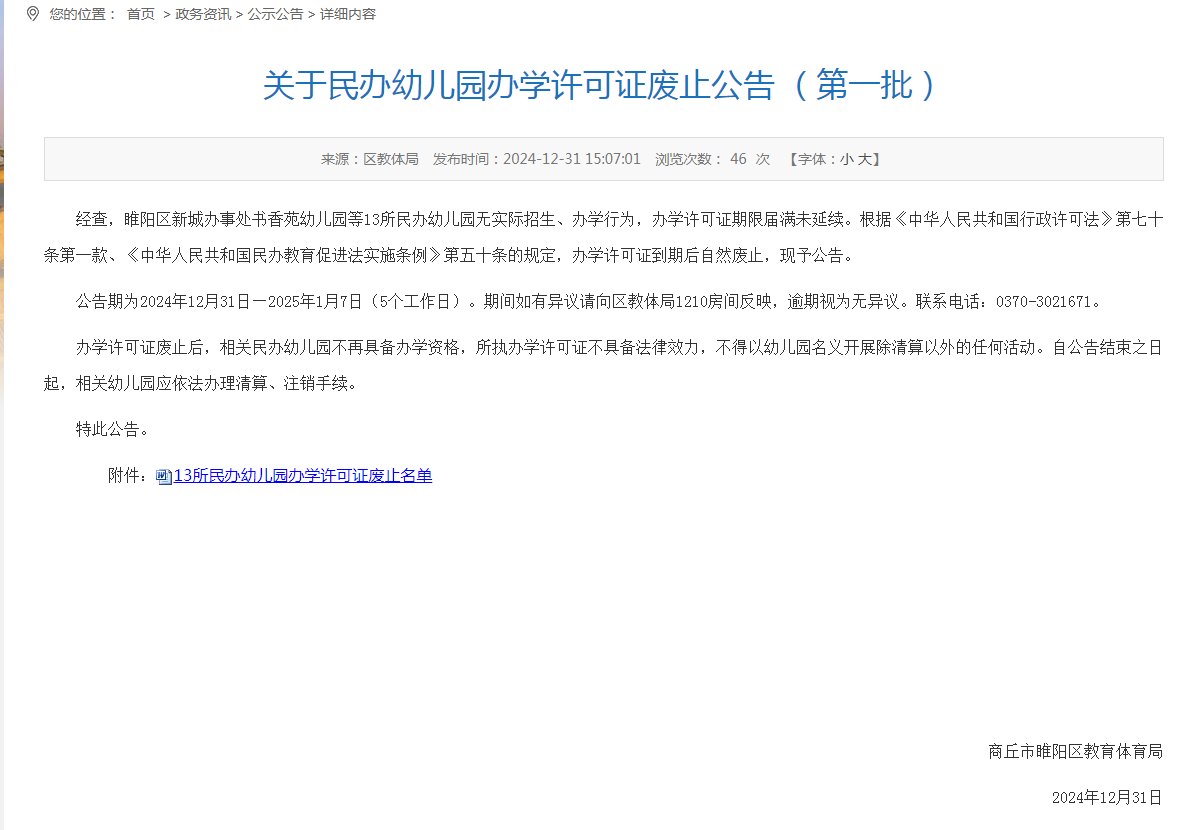 【商丘睢阳区13所民办幼儿园办学许可证废止】经查，睢阳区新城办事处书香苑幼儿园等13所民办幼儿园无实际招生、办学行为，办学许可证期限届满未延续。根据《中华人民共和国行政许可法》第七十条第一款、《中华人