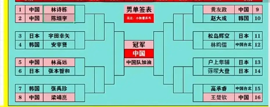 这次亚洲杯好怪哦，无论抽签还是总决赛都怪。

你看抽签嘛，除了梁靖崑以外，上半区是张禹珍、张本智和、林诗栋、林高远、安宰贤、宇田幸矢，基本是集齐了亚洲所有的男单高手；

反观下半区，是林昀儒、黄友政、