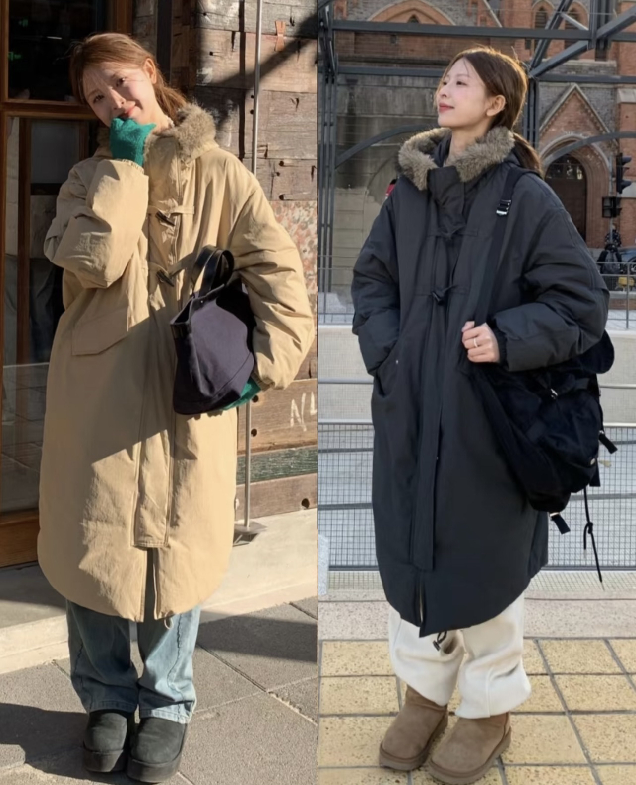 超好看的韩系慵懒风穿搭，平时喜欢穿松松垮垮宽松肥大的衣服，一定要来抄作业了！
宽松的短款羽绒服搭配阔腿裤是街拍中常见到的，相较于黑色羽绒服，她们更喜欢棕咖等大地色系，搭配蓝色牛仔裤的时候再选择一顶彩色
