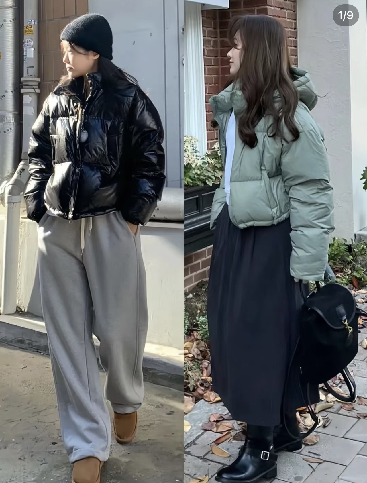 韩里韩气的羽绒服穿搭灵感，快来抄作业啦！
冬天穿羽绒服如果觉得太无聊，不妨来尝试这种韩里韩气的风格。
短款的面包设计是最受欢迎的，可以搭配一条宽松的卫裤，再加上厚底雪地靴和针织帽，温暖又好看。
这里的