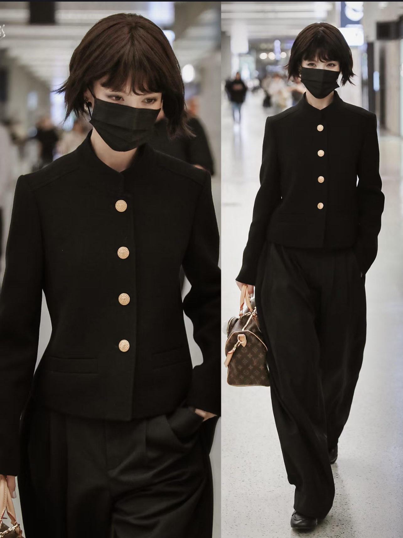 金晨：请把这套衣服死死焊在身上，all black造型太酷了！
一般人穿全黑是很容易显老气的，金晨这次的造型就让人眼前一亮，不但把黑色穿得冷清高级，还有种热血高校既视感！
首先上衣是有明显收腰设计的款