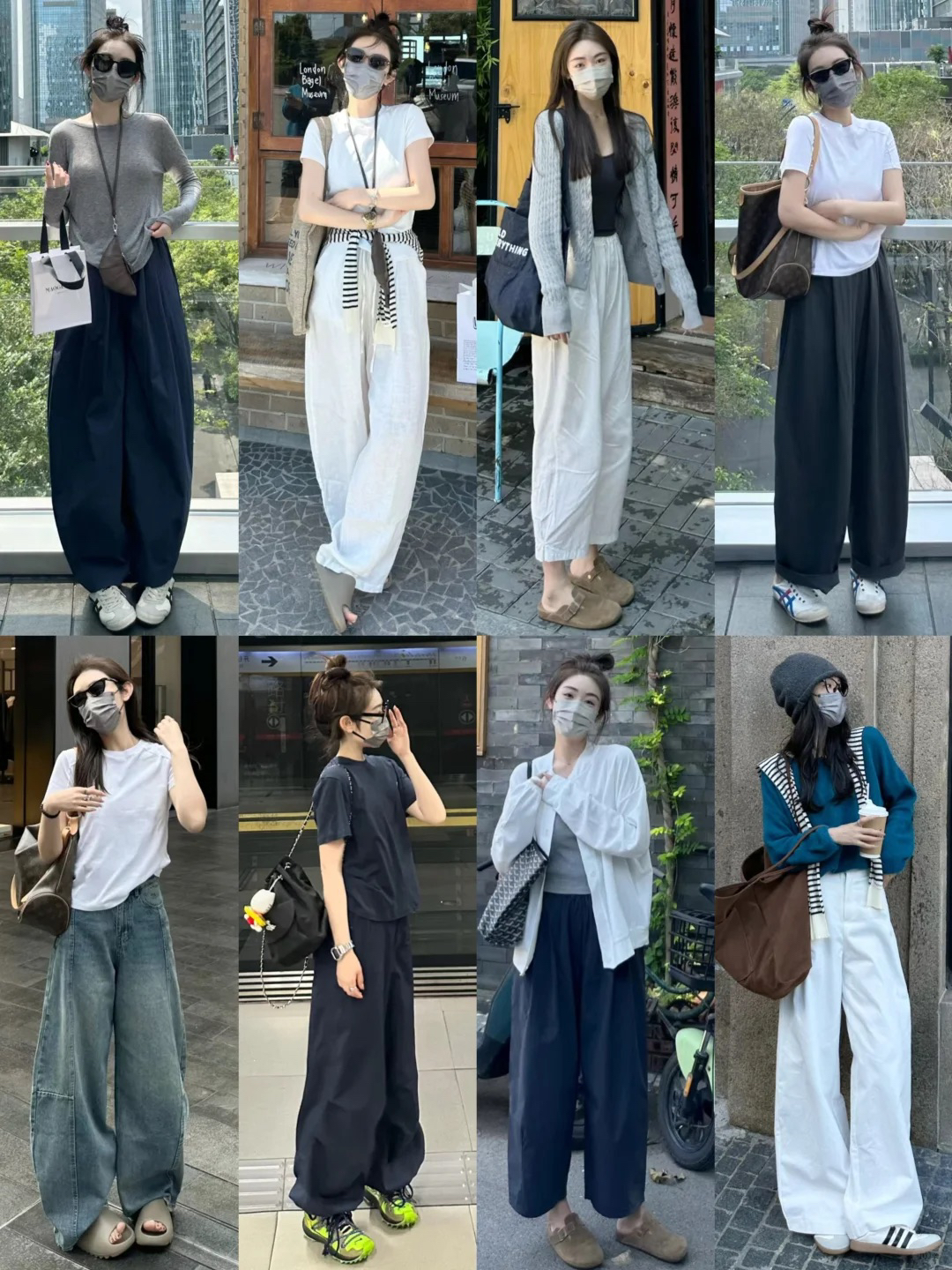 慵懒时髦的夏日穿搭，简简单单也能够收获时尚感……
简单设计的白色T恤，搭配一条宽松的萝卜裤，再加上球鞋和大的托特包，慵懒随意又很遮肉。
小个子试试同色系搭配，白T恤配白色阔腿裤，棉麻材质增加慵懒感，再