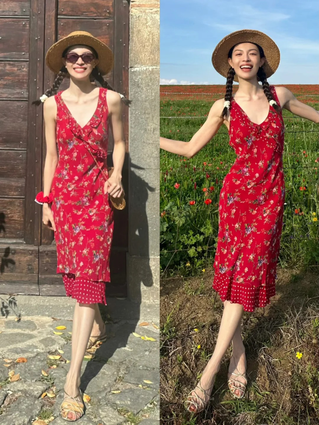 近期有出游计划，可以模仿钟楚曦的这一组穿搭！
红色的碎花连衣裙，挑选大领口的吊带设计会更加的清凉有夏日感。
拍照的时候，加入一顶编织草帽度假风满满，很有活力。
或者是一条卡其色的吊带连衣裙，搭配一件彩