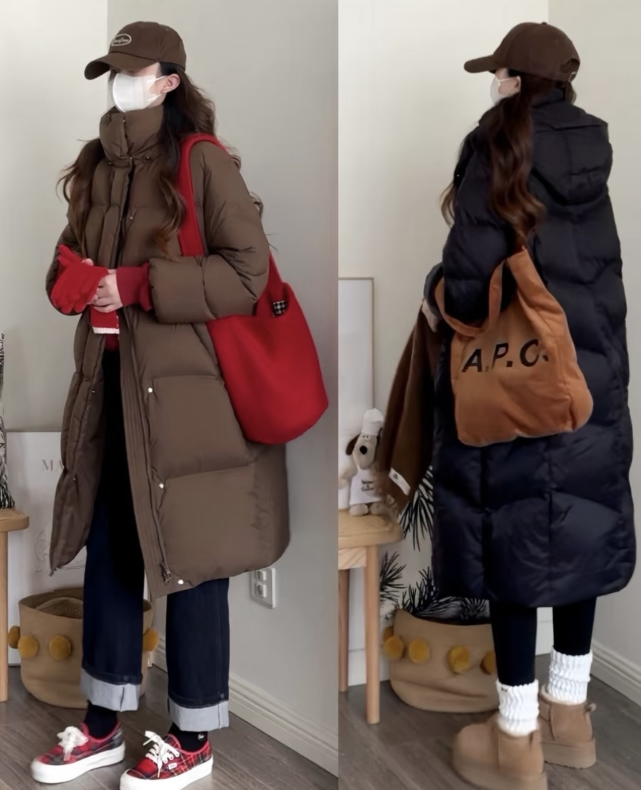 这个博主太会穿了吧，每一套的色彩搭配都在审美点上，简单气质又好看！
浅蓝色的羽绒服跟灰色是绝配，衬的人清新又温柔。在这里就选择了灰色的连帽卫衣和灰色直筒裤，可以顺延比例，再加入一件白色打底衫进行提亮，