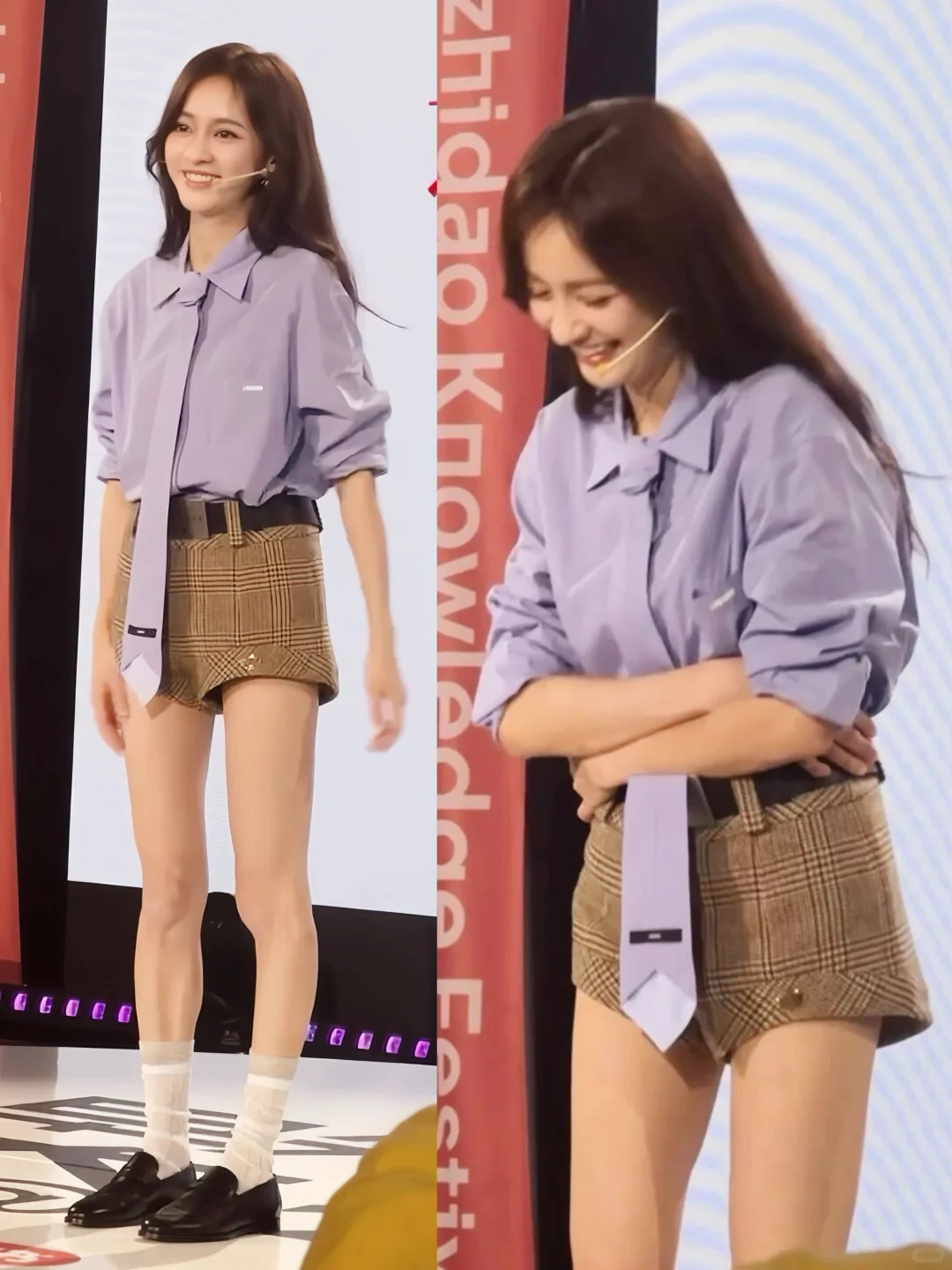 陈意涵状态真好，这一身很少女！
浅蓝色的领结衬衫，搭配一条格子的高腰短裤，轻松呈现漫画腿腿，搭配中筒袜和乐福鞋非常的有少女感，清新气质。
这一身非常适合小个子们抄作业，显得腿很修长，时髦好看！