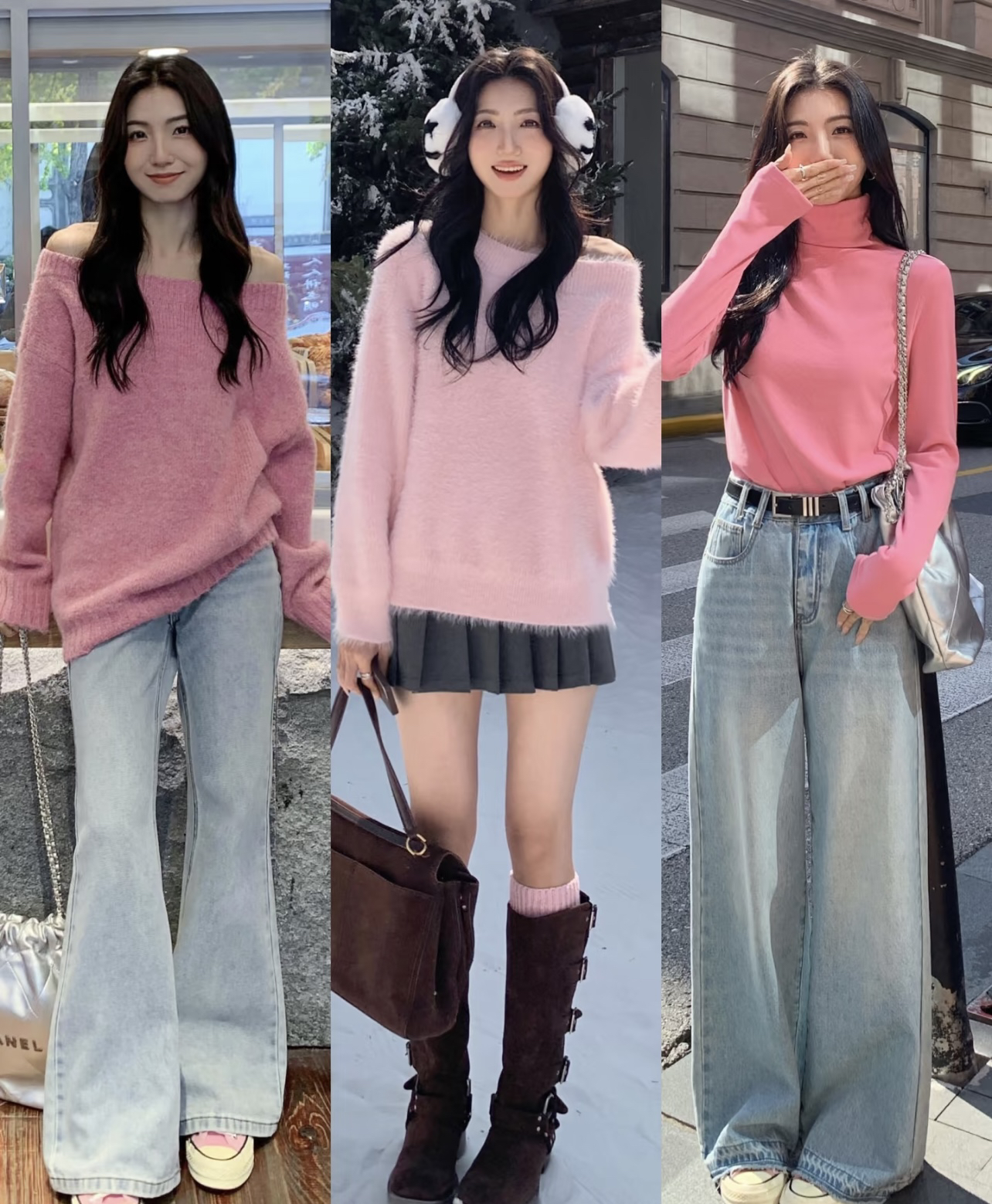 羽绒服、大衣里面穿什么？快试试小姐姐的多巴胺穿搭，脱掉外套也出彩！
冬天穿羽绒服大衣时，内搭怎么选择也是一门学问呀。用粉色的针织衫搭配牛仔裤，可以带来清新甜美的时尚感，这样即使外套是黑灰色也不会有年龄