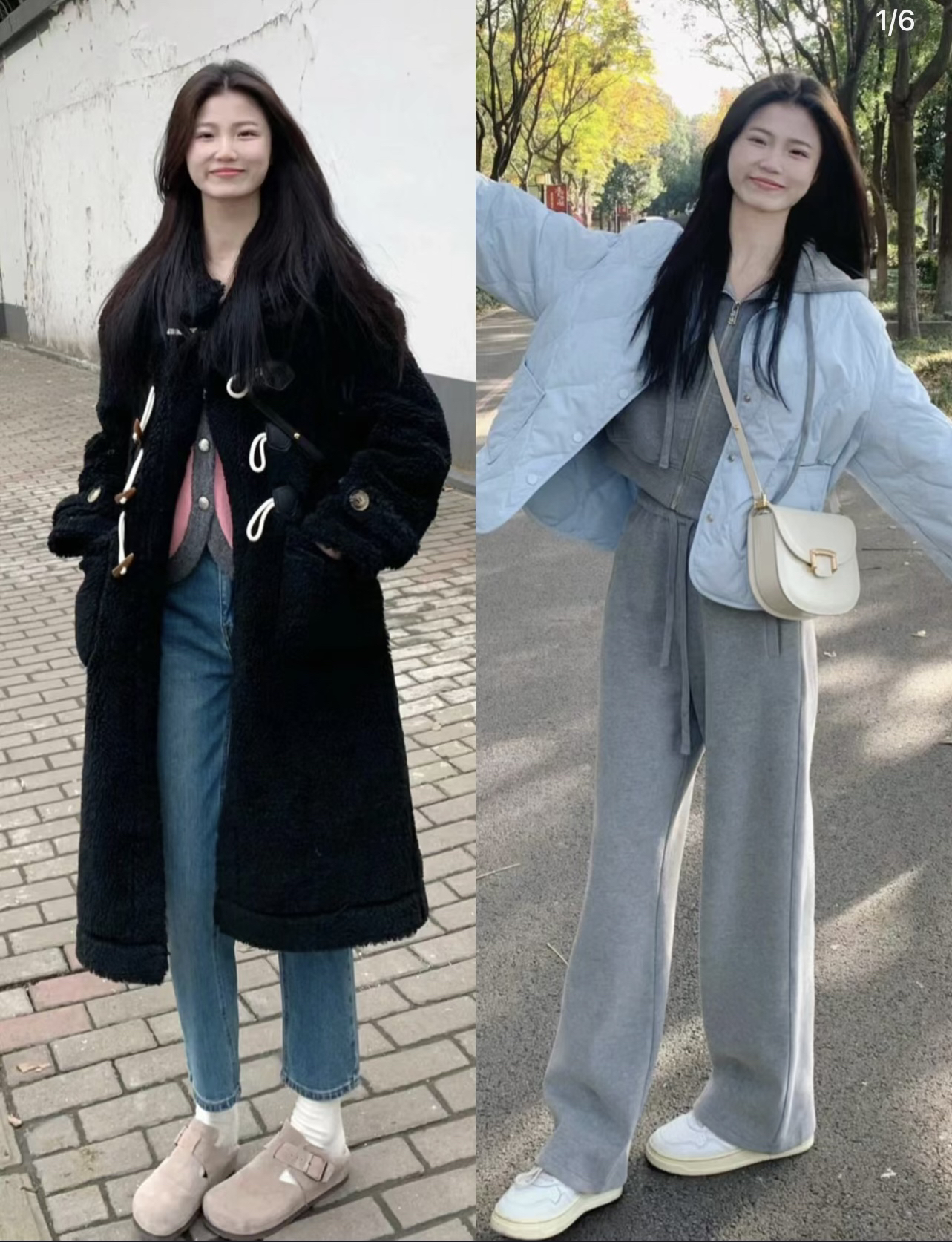 会搭配太重要了，简单的衣服也可以穿得很出彩，就像这个博主一样！
黑色的牛角扣大衣，通过内搭粉灰拼接的针织衫提亮增加甜美的感觉，再搭配一条九分的烟管牛仔裤，整个人也充满朝气减龄时尚。
雾霾蓝的短款羽绒服