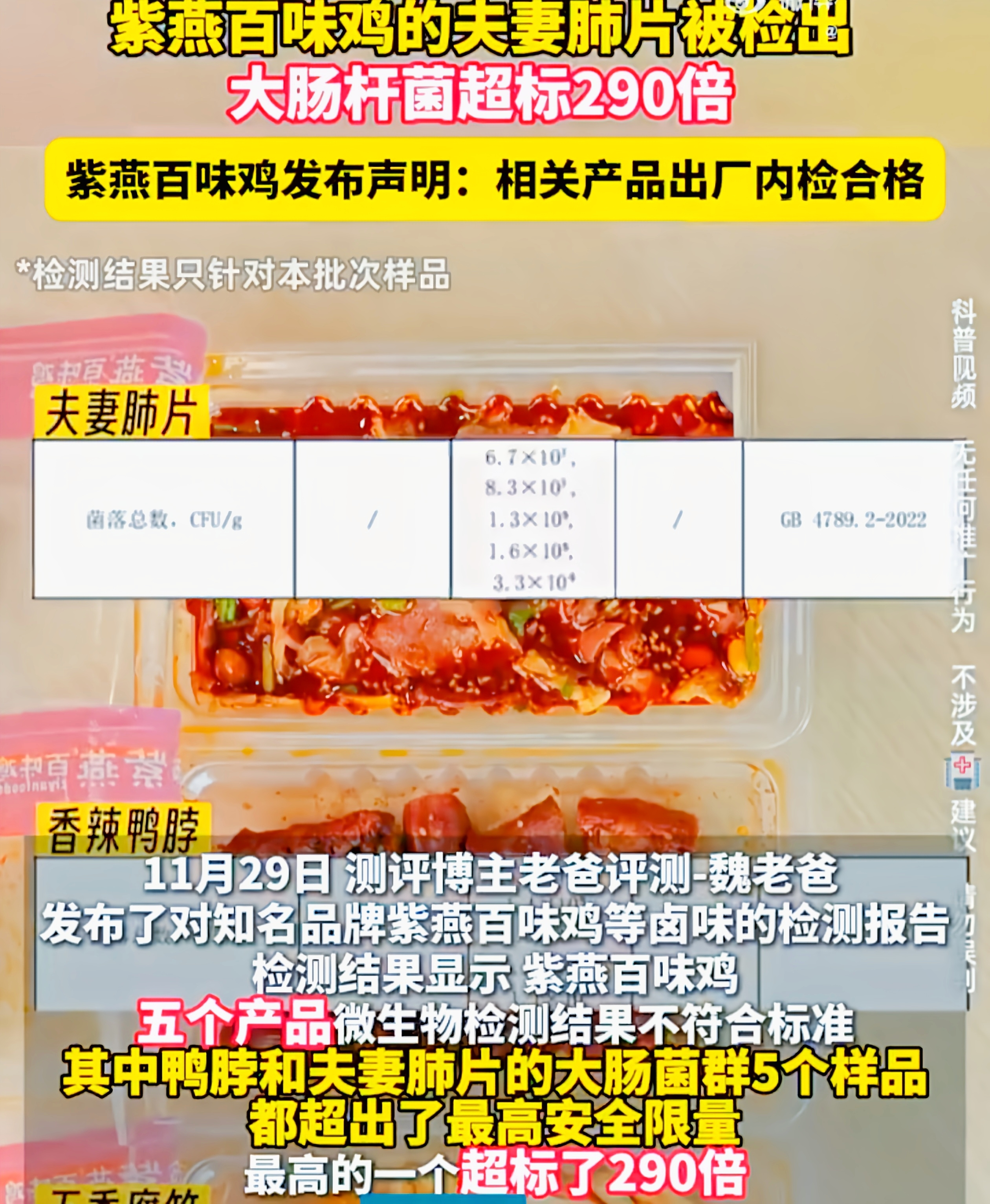 紫燕百味鸡，这个在美食江湖颇有名气的“大侠”，近日却被大肠杆菌超标的阴云笼罩。超标百倍，甚至最高达 290 倍，仿若一颗“臭弹”在食客心中炸开。
 
公司迅速下架产品并展开调查，自查结果却称符合标准，